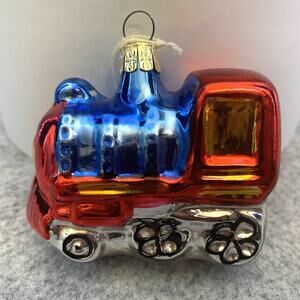 Vintage LOCOMOTIVE TRAIN Glass Christmas Ornament Signed Czech Republic 3x2.75”